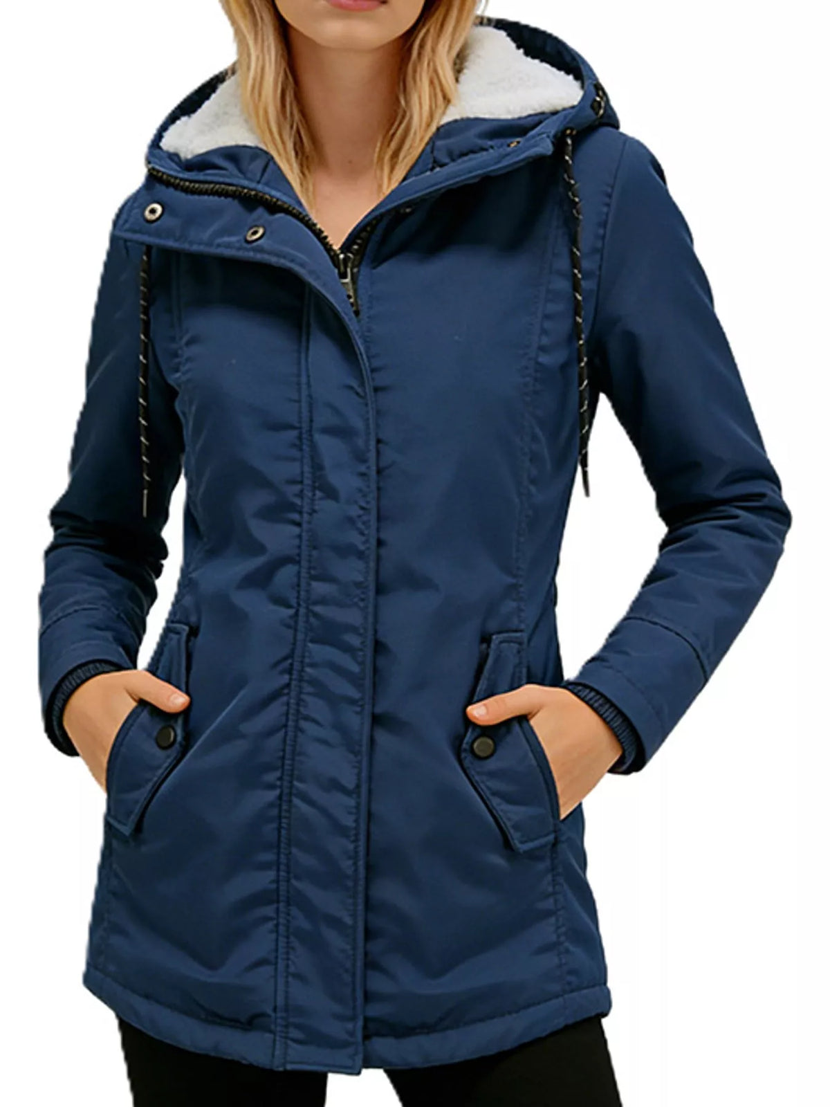 Navy sherpa-lined hooded parka with front zip, drawstring hood, and flap pockets