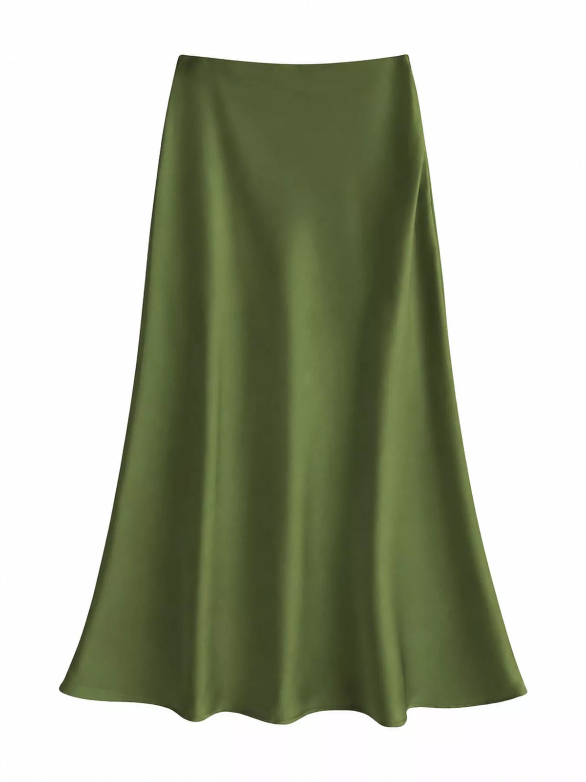 Olive green satin midi skirt with a high waist and flowing A-line shape