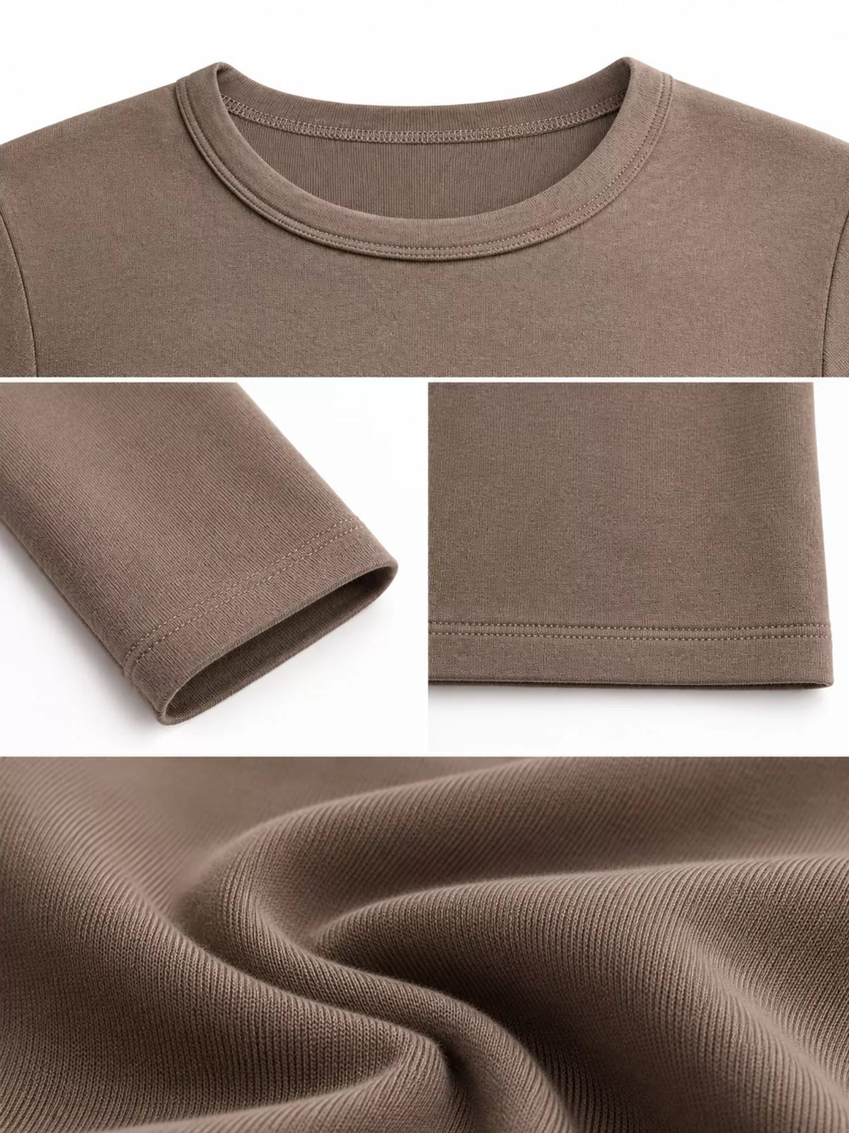 Coffee-brown slim-fit long-sleeve crew-neck T-shirt fabric and hem close-up