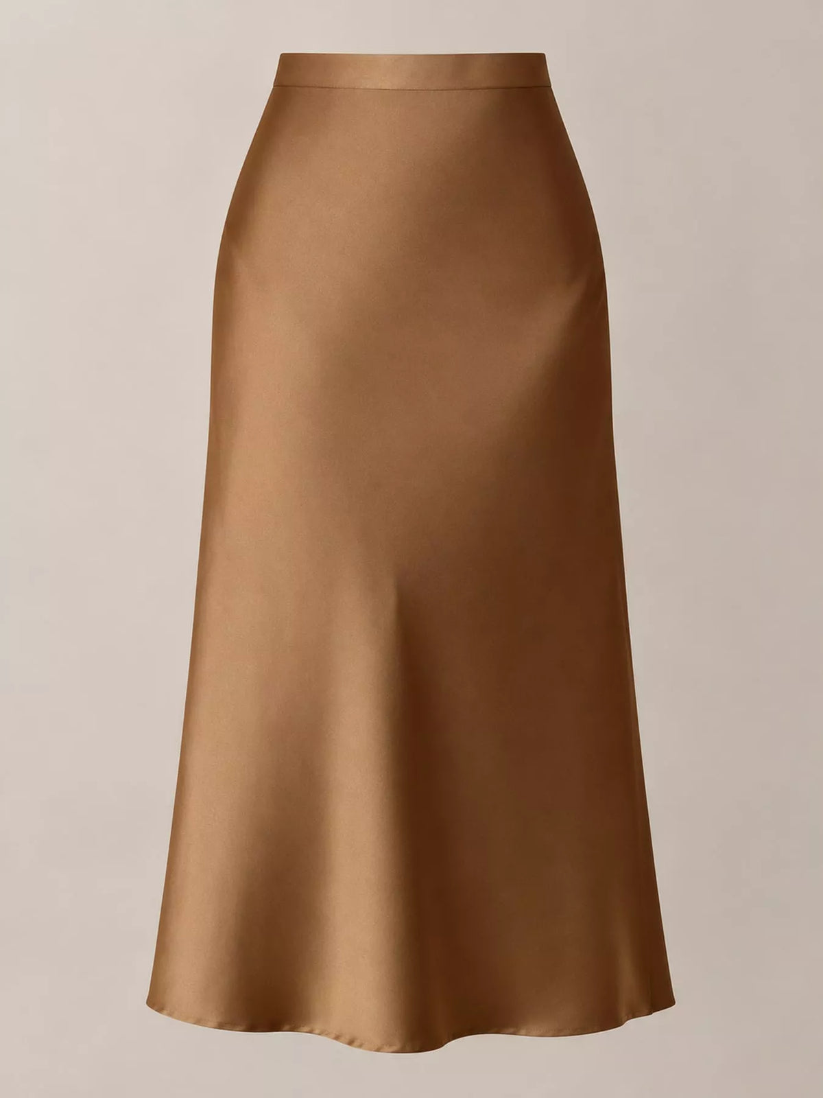 Nude satin high-waisted midi skirt, smooth drape, flared hemline