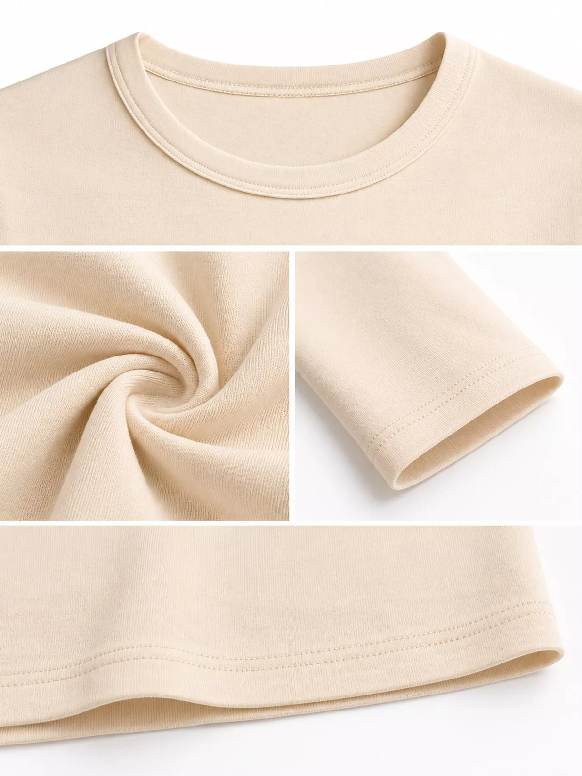 Beige crew neck long sleeve T-shirt fabric close-up with stitched hem and seams