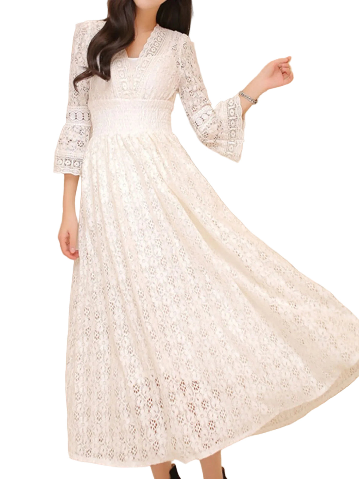 White lace midi dress with a flowing skirt and wide three-quarter sleeves
