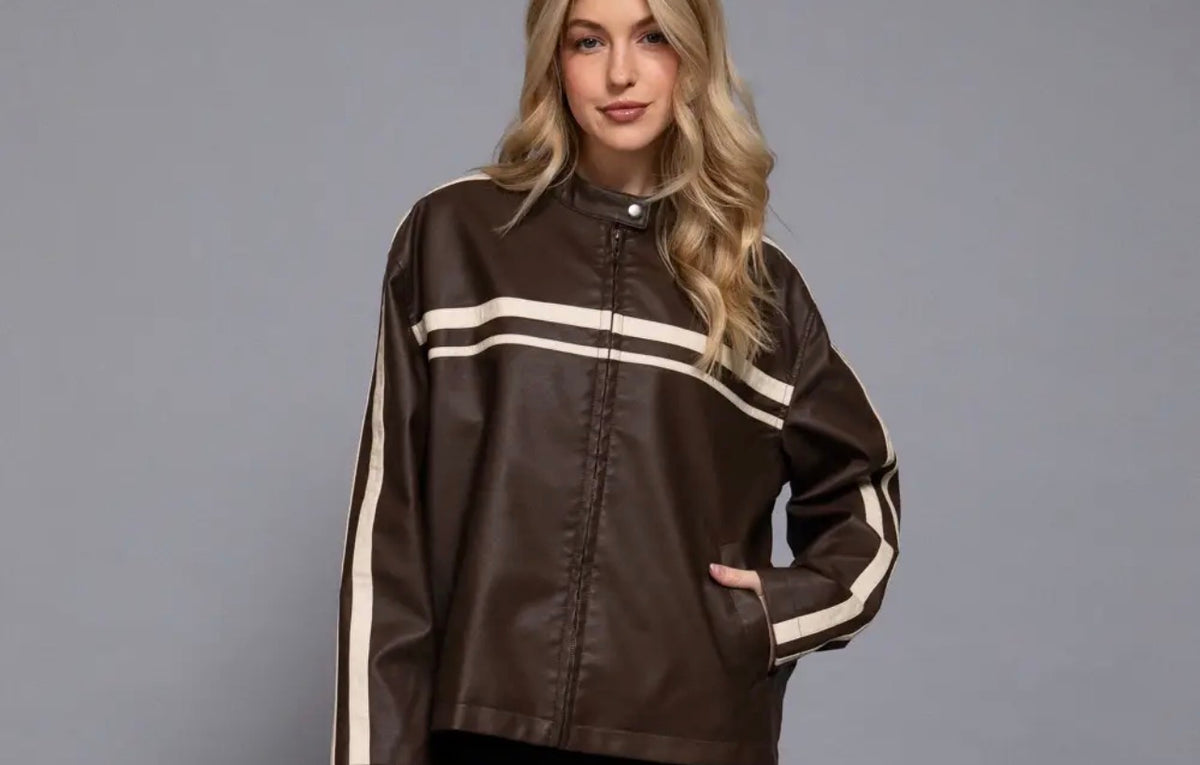 Faux leather zip jacket with white striped bands and stand collar, washed effect