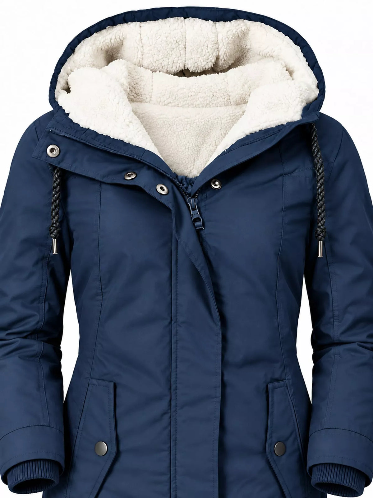 Navy sherpa-lined hooded parka close-up with front drawstring and snap-button placket