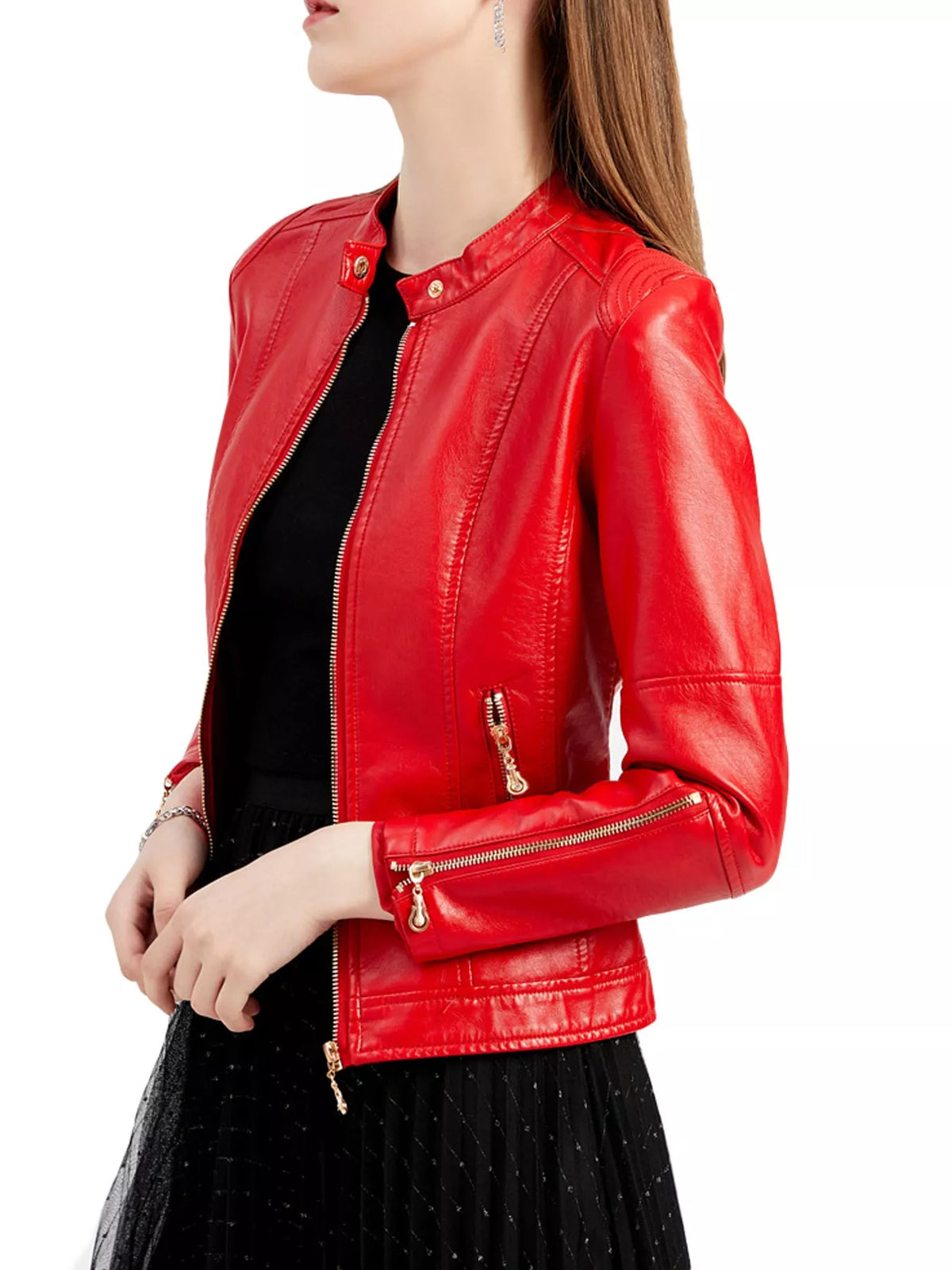 Red faux leather moto jacket with angled zip pocket detail