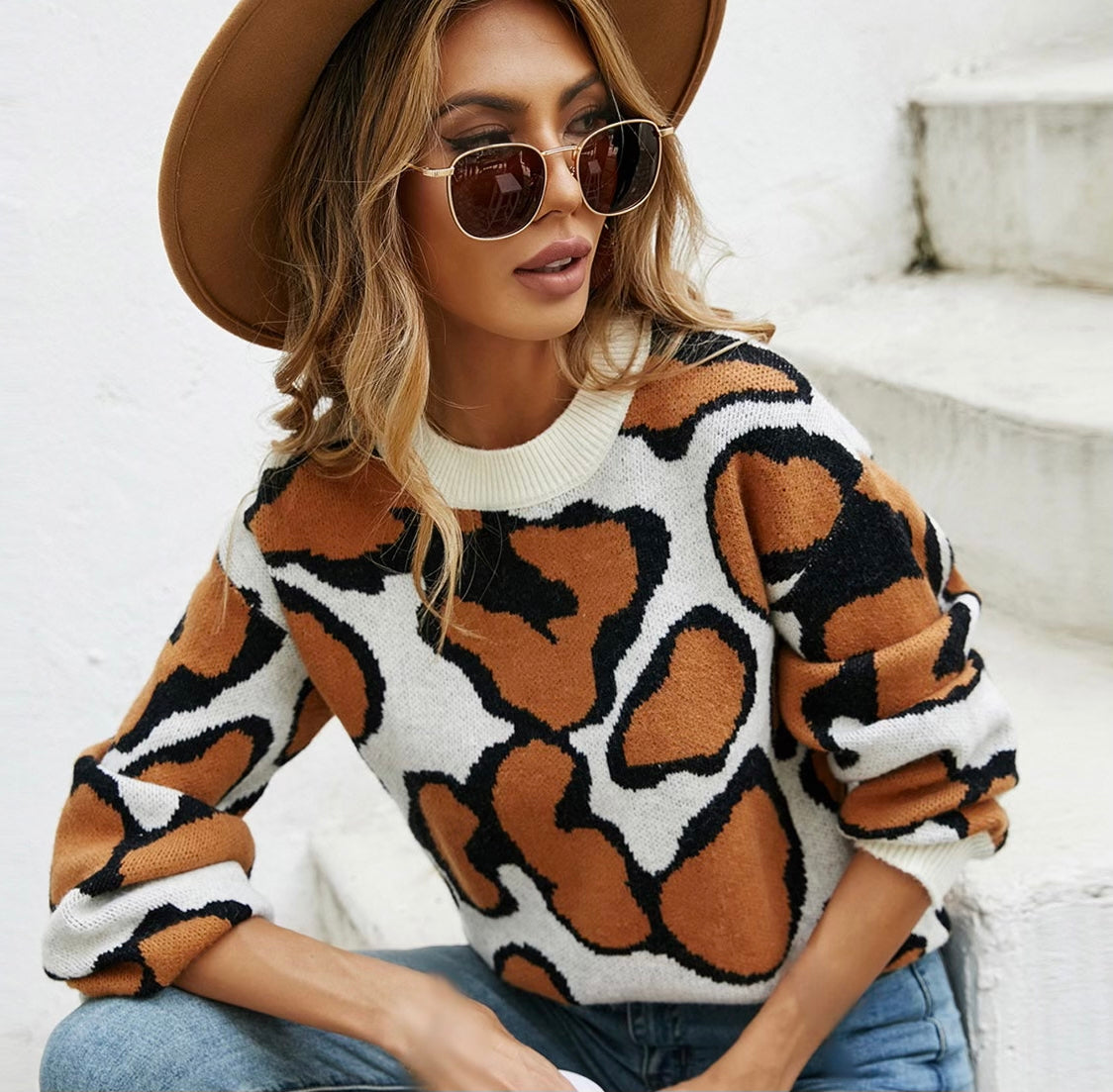 Printed Round Neck Long Sleeve Sweater