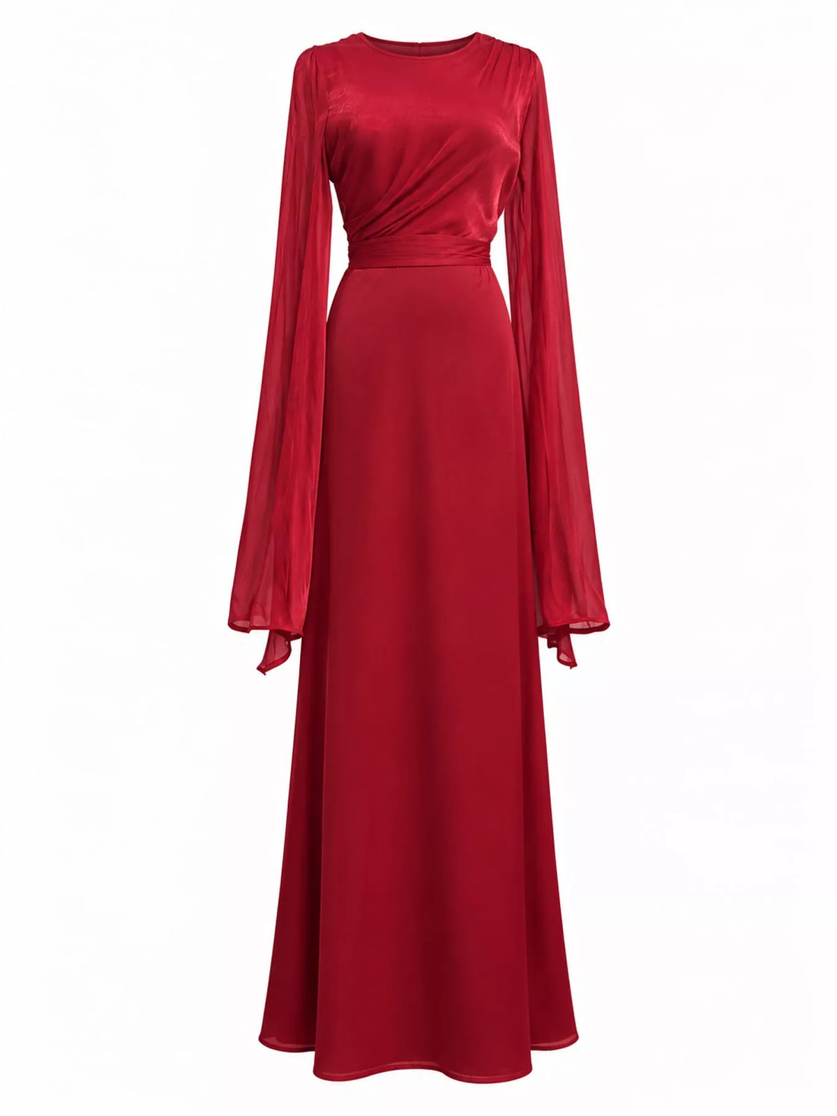 Red maxi dress with a draped bodice, fitted waist, and long sheer sleeves