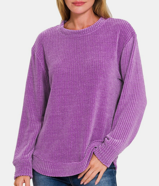 Zenana Chenille Waffle Round Neck Sweater