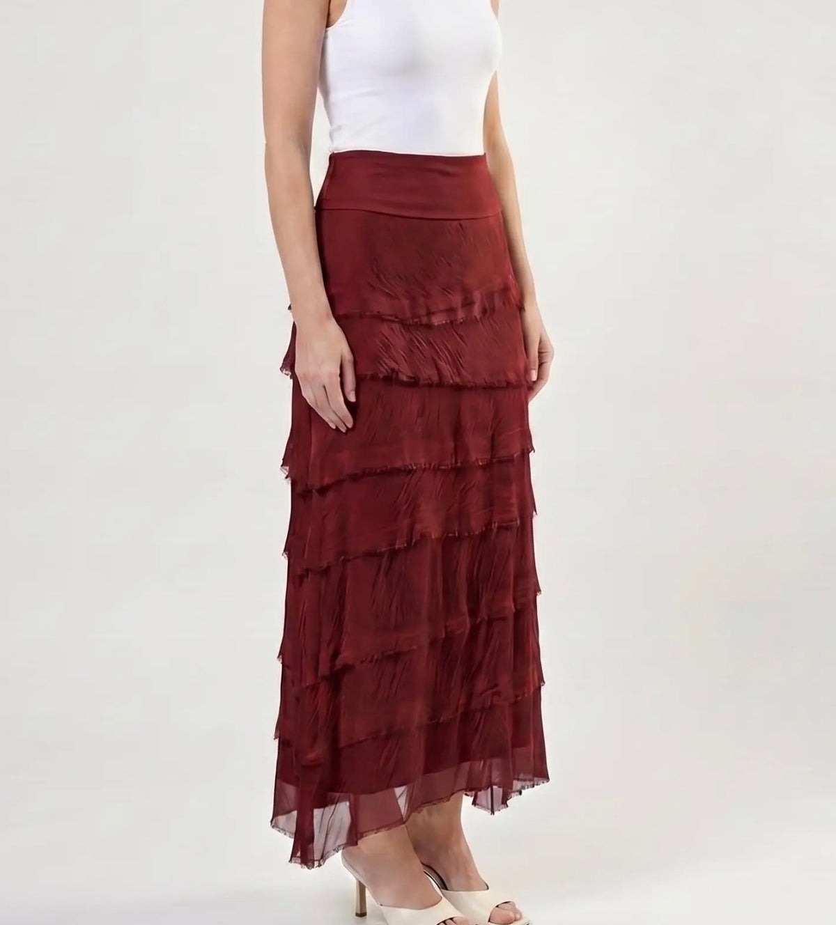 Italian Silk Ruffle Skirt (Burgundy)