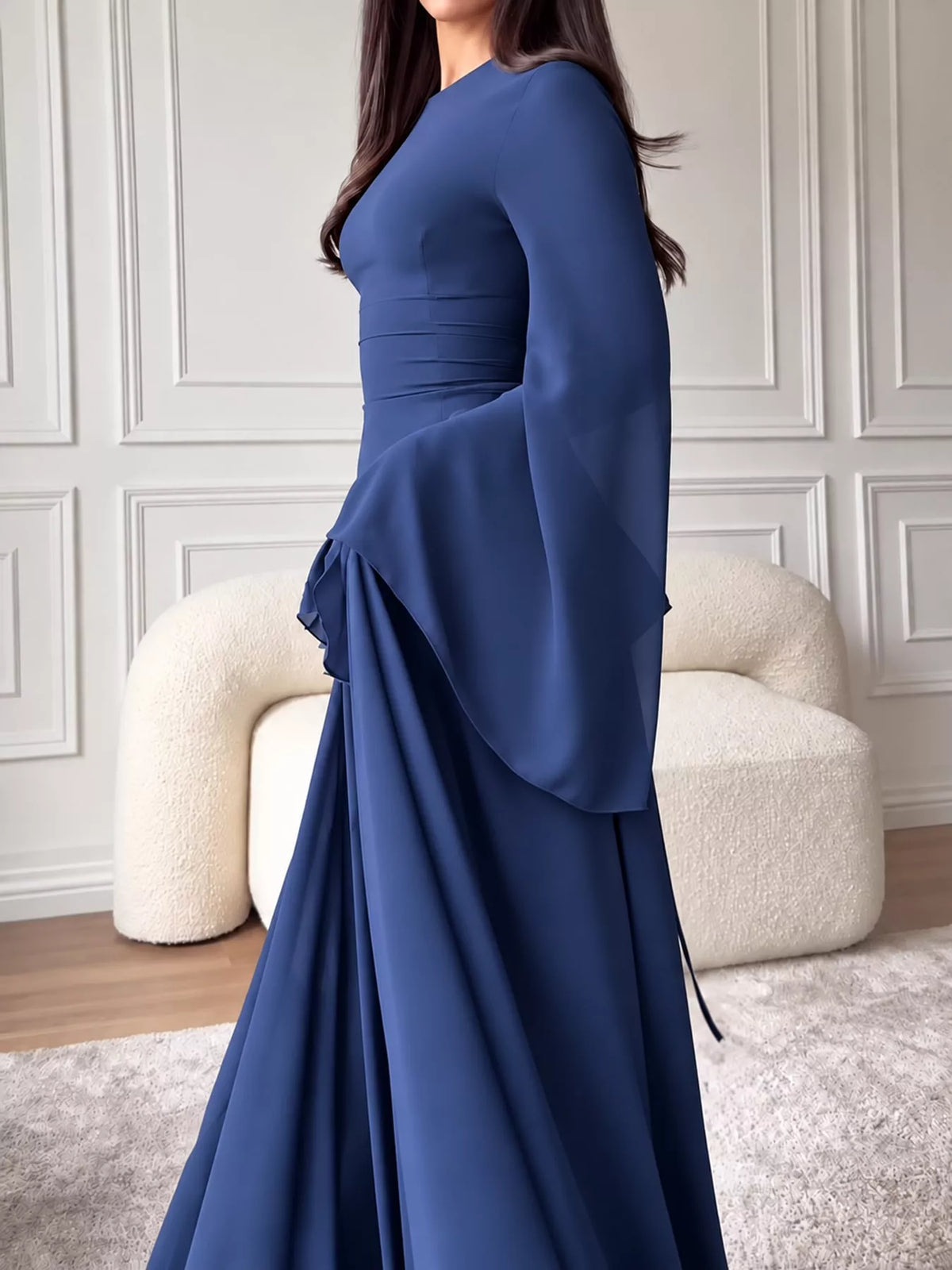 Dark blue plus-size maxi dress, side view, with layered ruffles at the waist