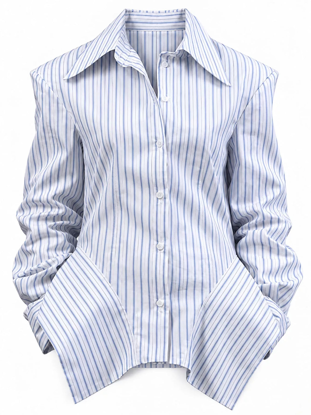 Blue-and-white vertical striped button-up long sleeve shirt, point collar, button front