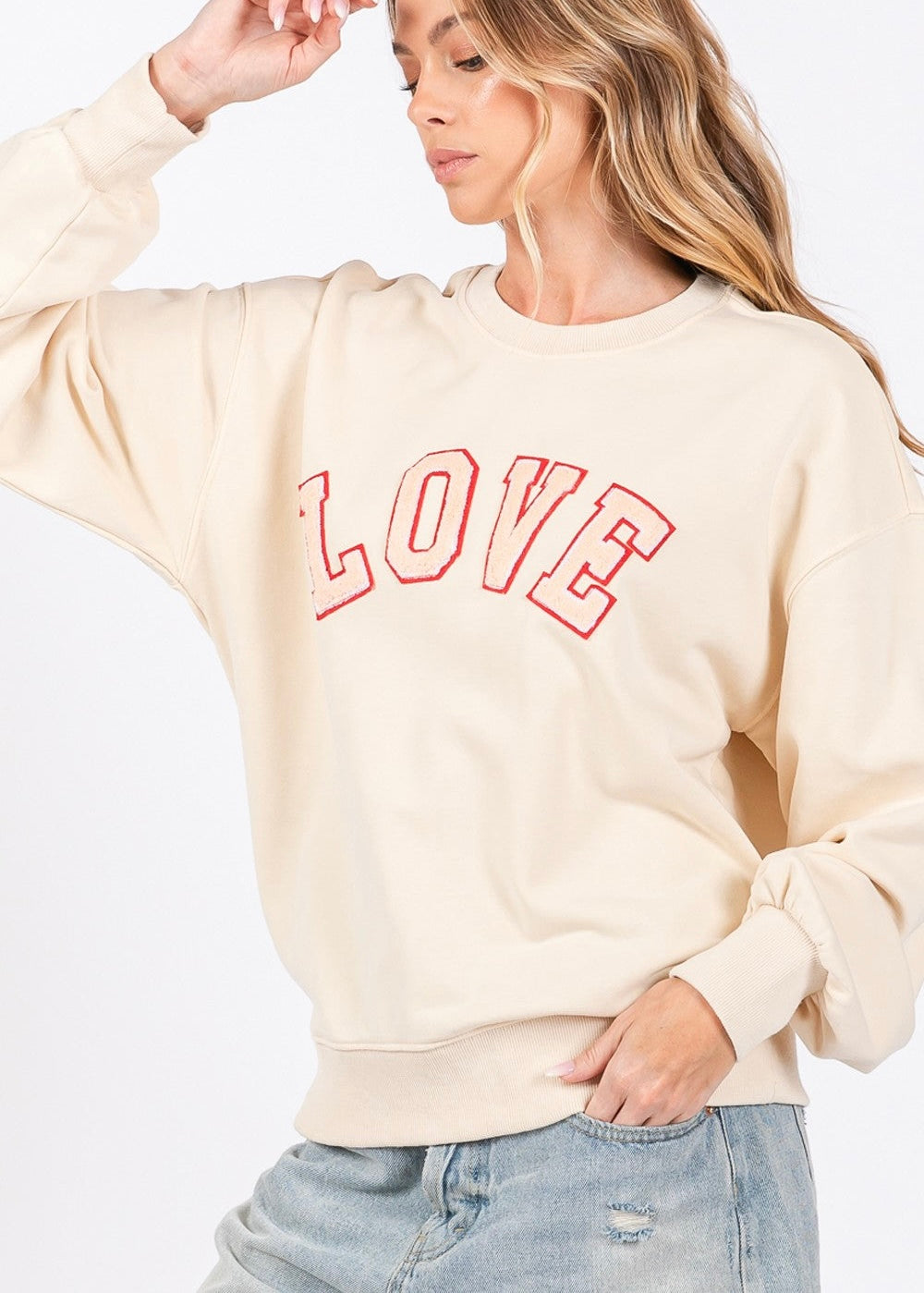 SAGE + FIG LOVE Path Applique Drop Shoulder Sweatshirt