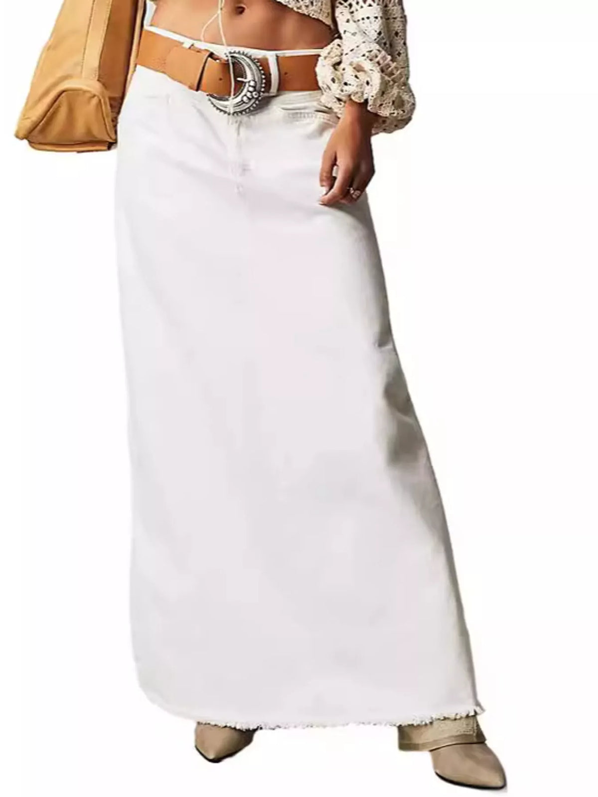 White raw hem maxi denim skirt with button front and straight, relaxed fit