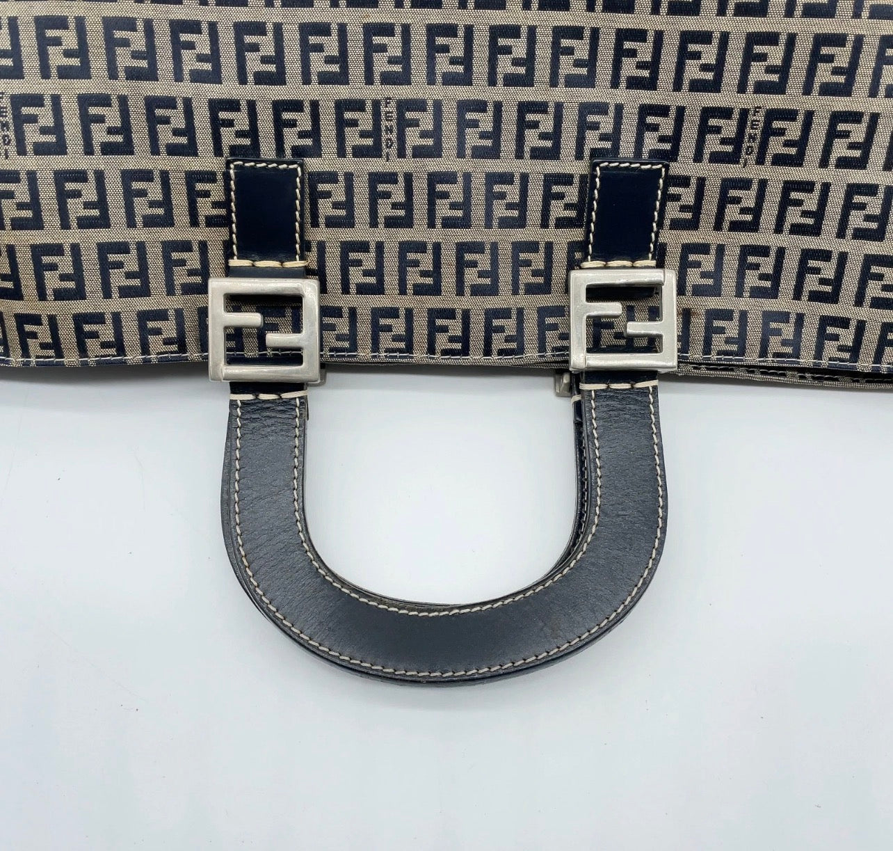 Fendi Zucca Pattern Canvas FF metal Navy Blue Tote Bag