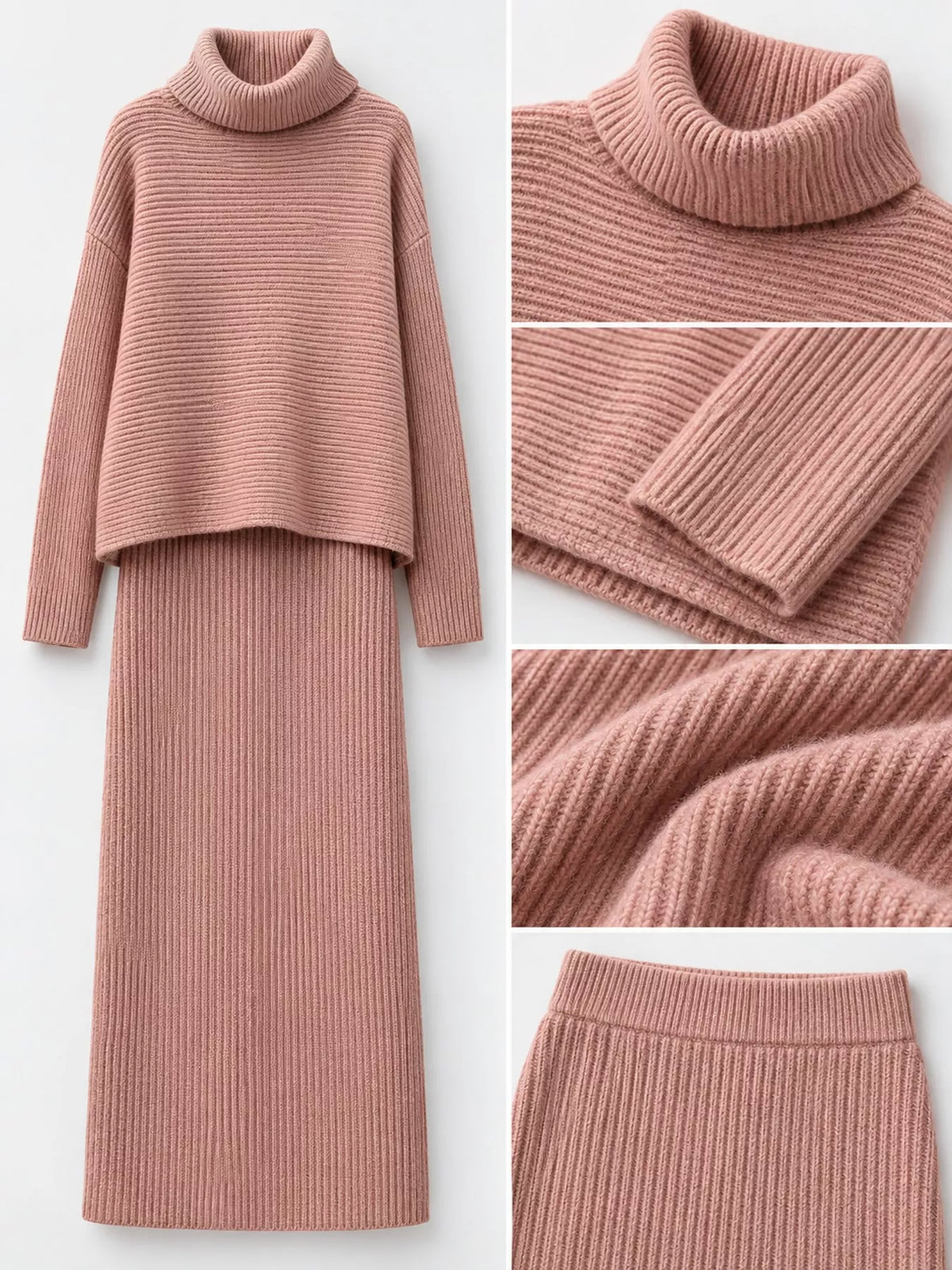 Pink ribbed sweater and midi skirt set with close-ups of collar, cuff, knit, and waistband