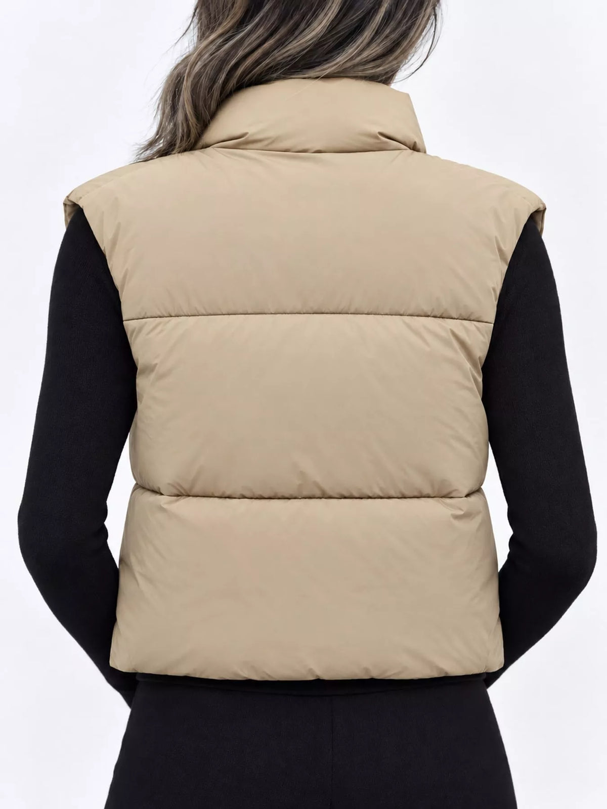 Beige back view zip-up puffer vest with padded yoke and stand collar, sleeveless