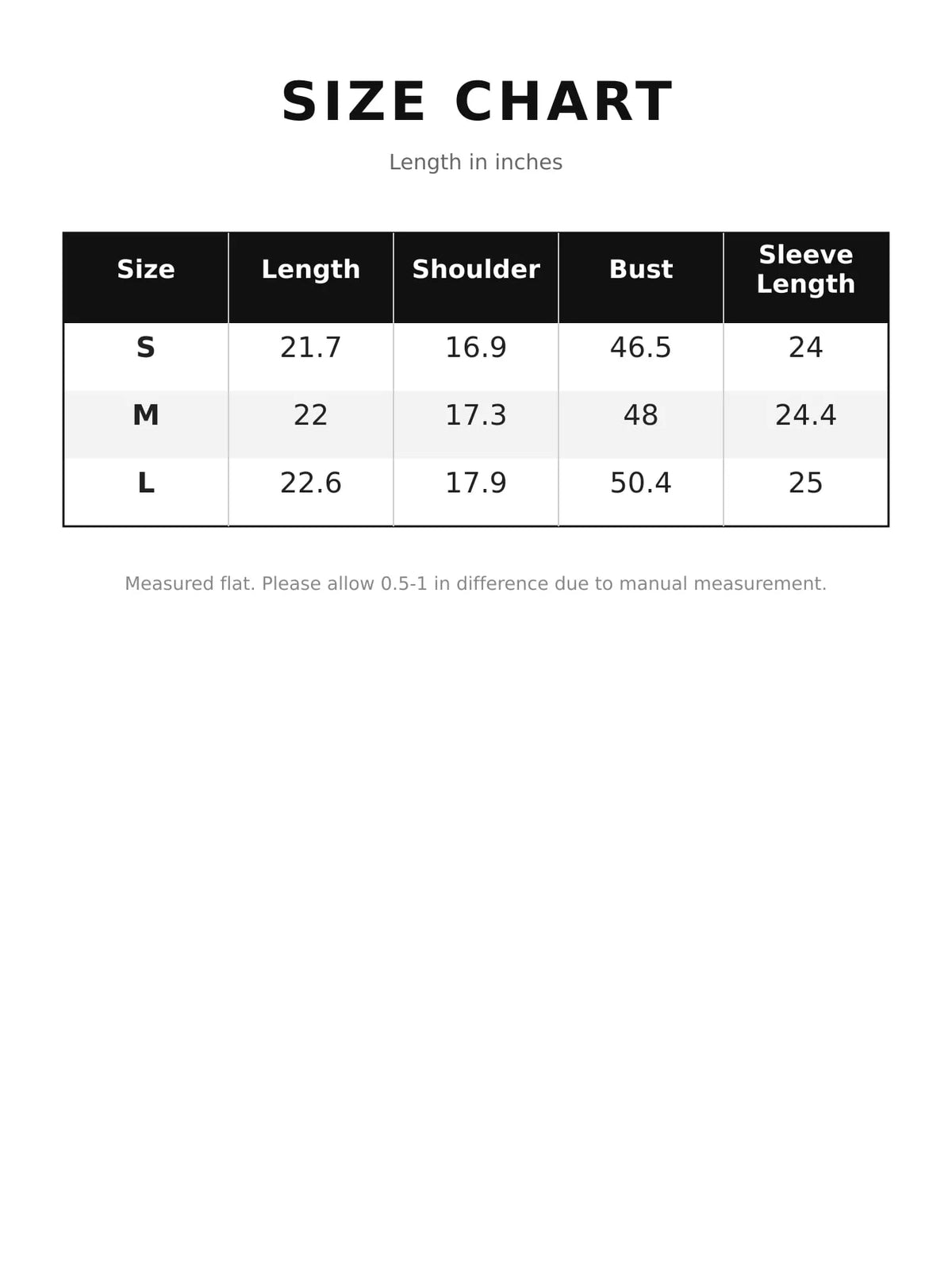 Jacket size chart table with length, shoulder, bust, and sleeve length in inches