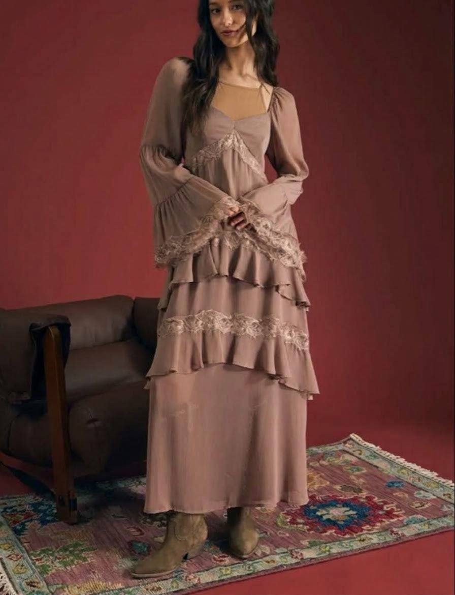 Taupe ruffle-tier maxi dress with lace trim and long sleeves