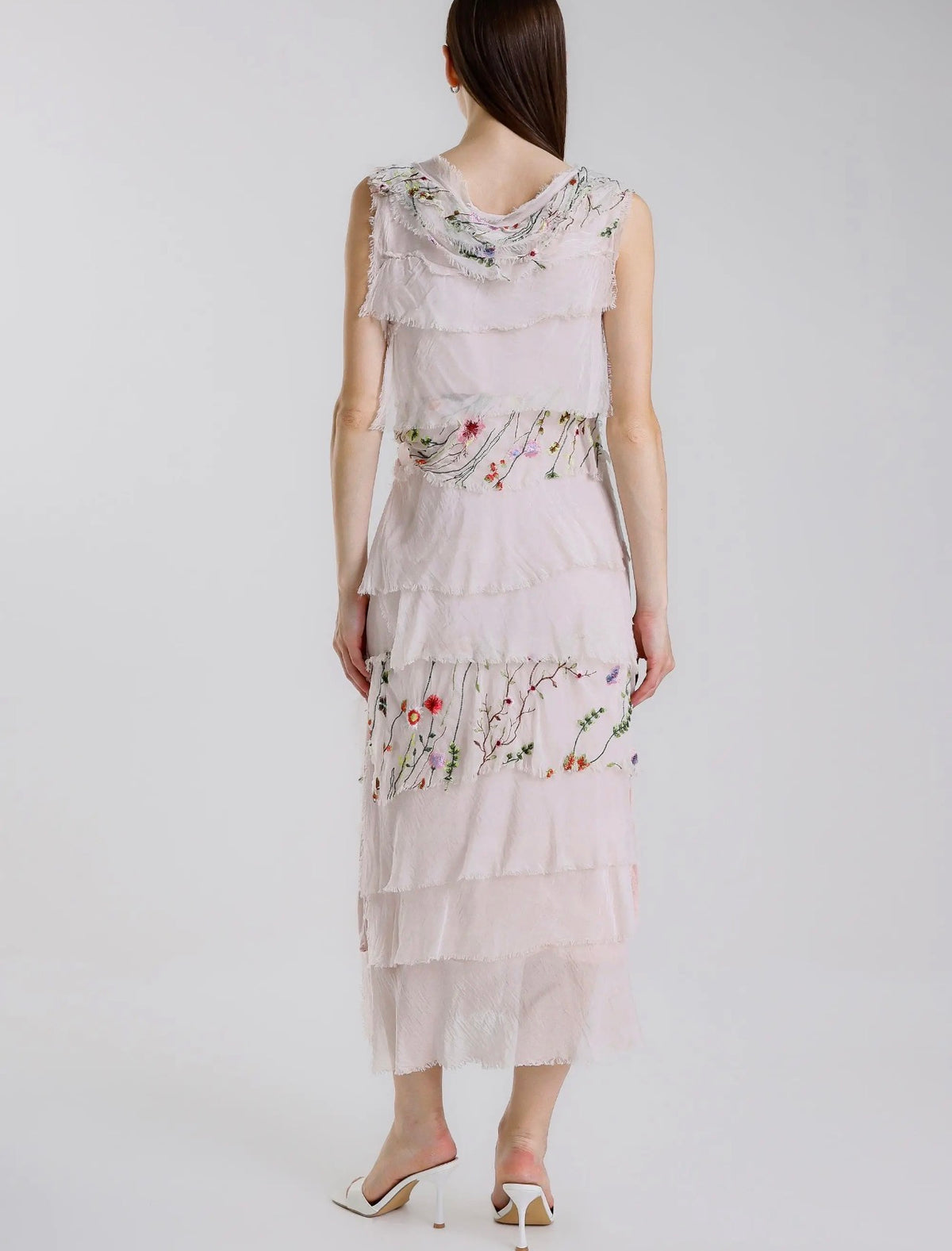 Embroidered Italian Silk Maxi Ruffle Dress (Blush)