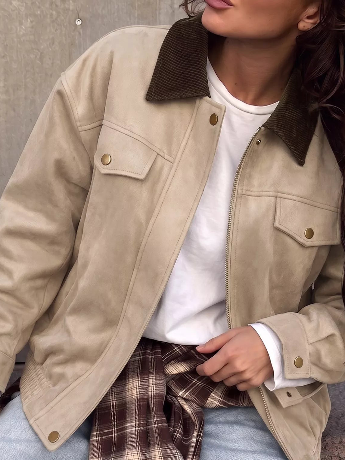 Apricot/beige zip-up dropped shoulder jacket with dark collar and snap front pockets