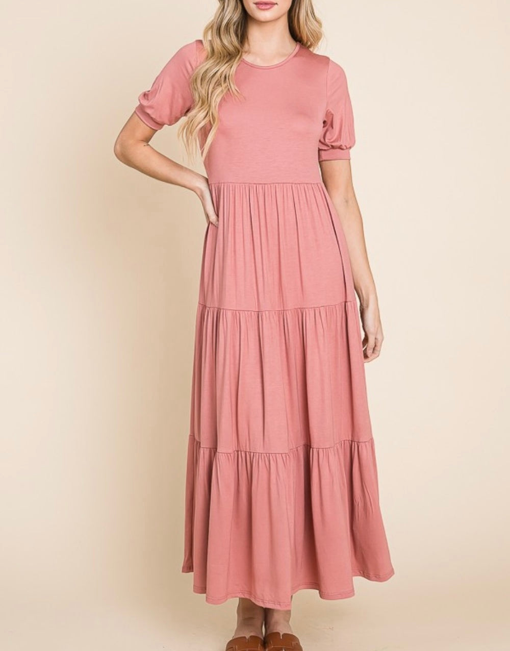 BOMBOM Short Sleeve Tiered Maxi Dress