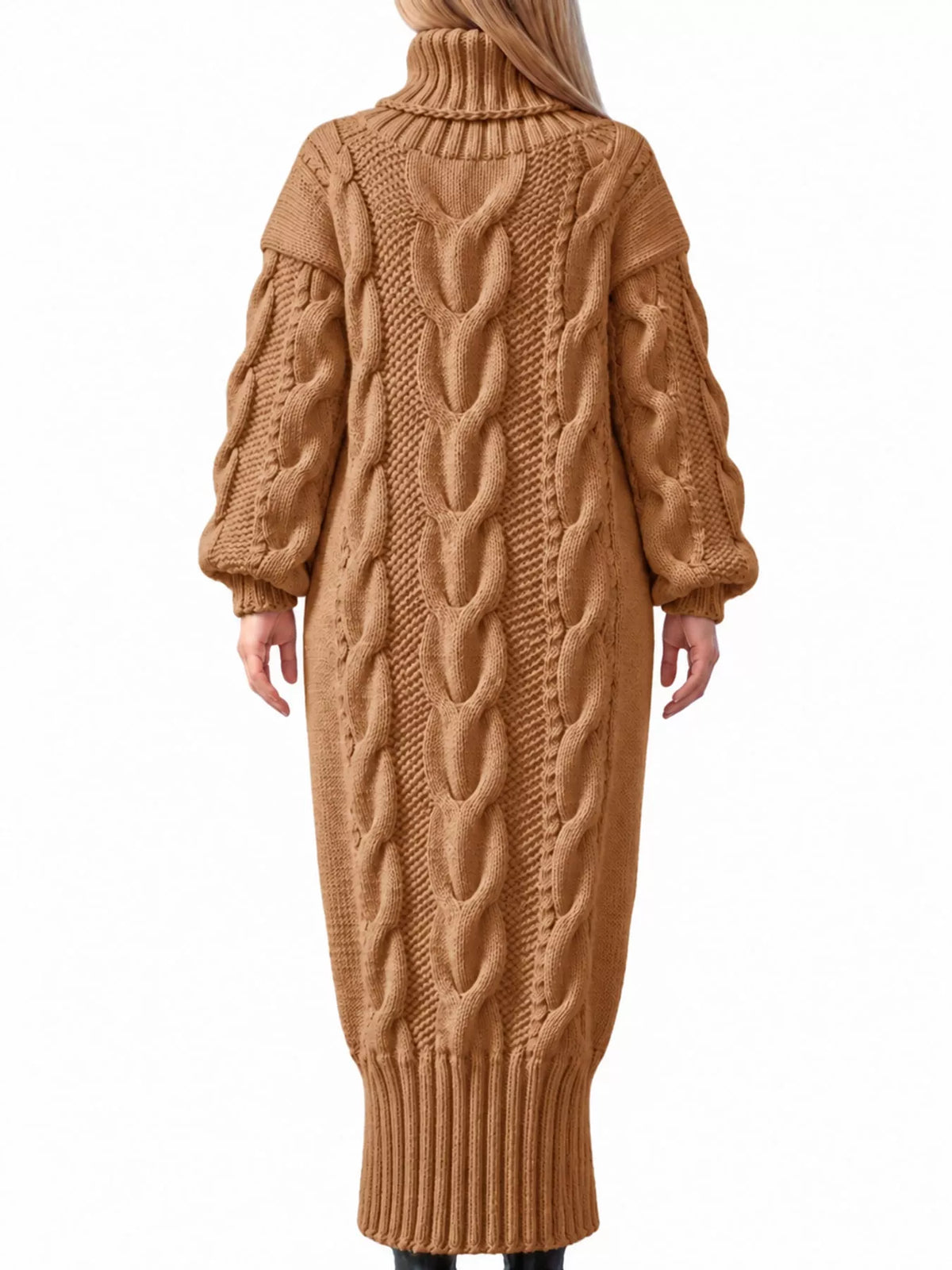 Chunky cable knit turtleneck sweater dress, back view, camel textured knit