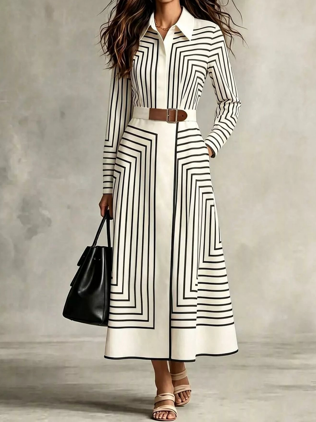 White and black geometric striped midi shirt dress with a brown belt and flared skirt
