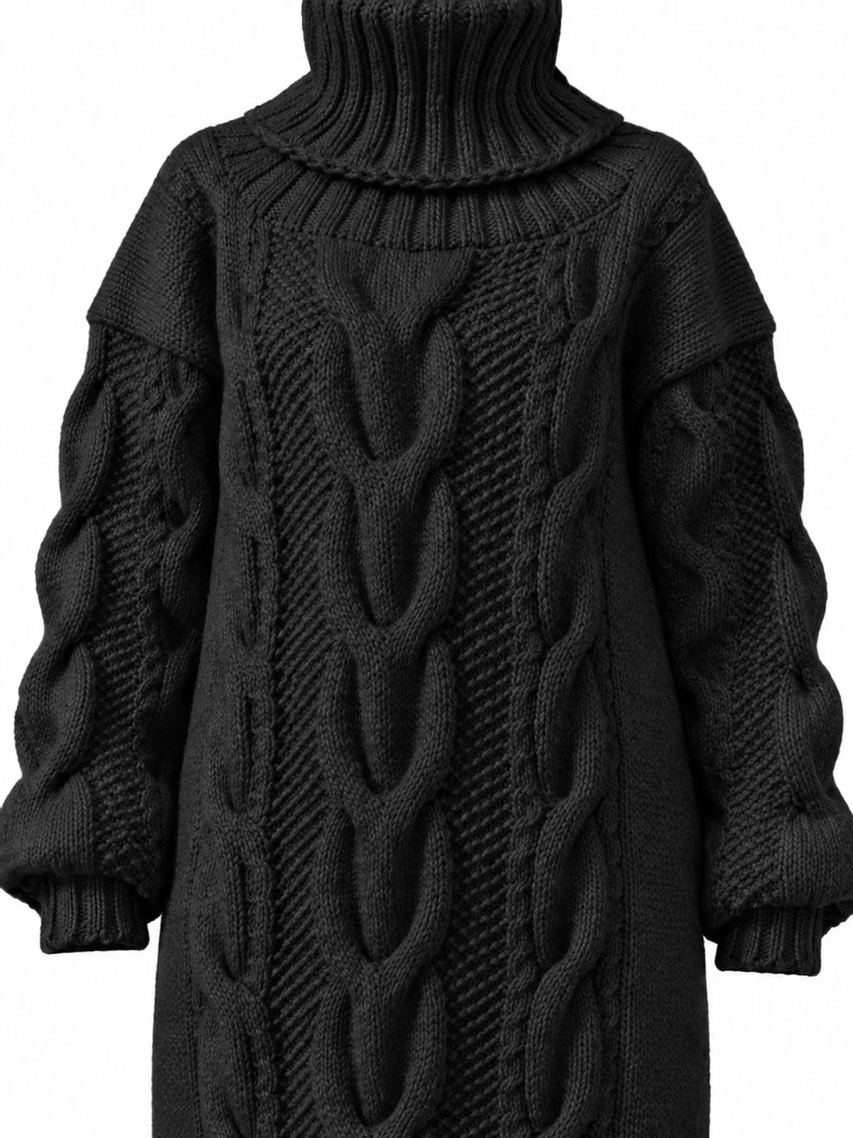 Chunky cable knit turtleneck sweater dress, black, cable texture detail, long puffed sleeves