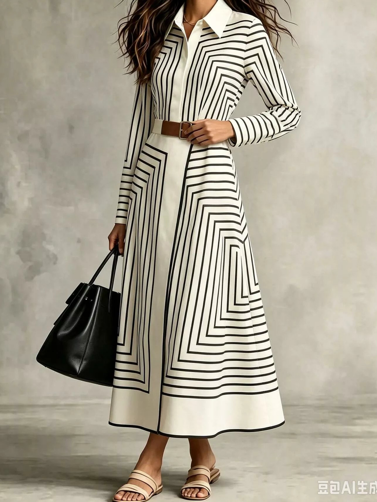 Long-sleeve midi shirt dress with bold black geometric stripes and a brown belt
