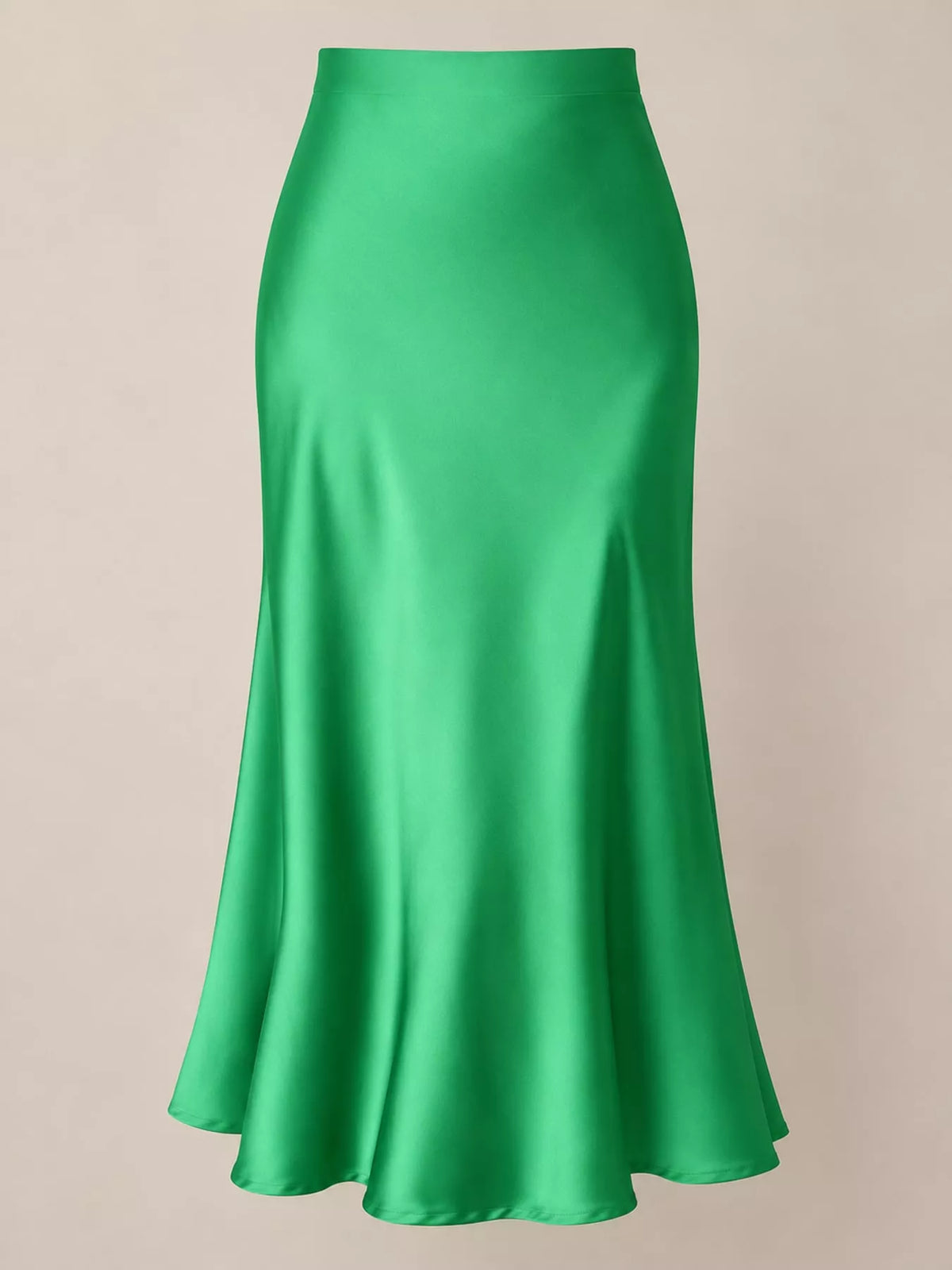 High-waisted satin midi skirt in green, front view with flared A-line silhouette