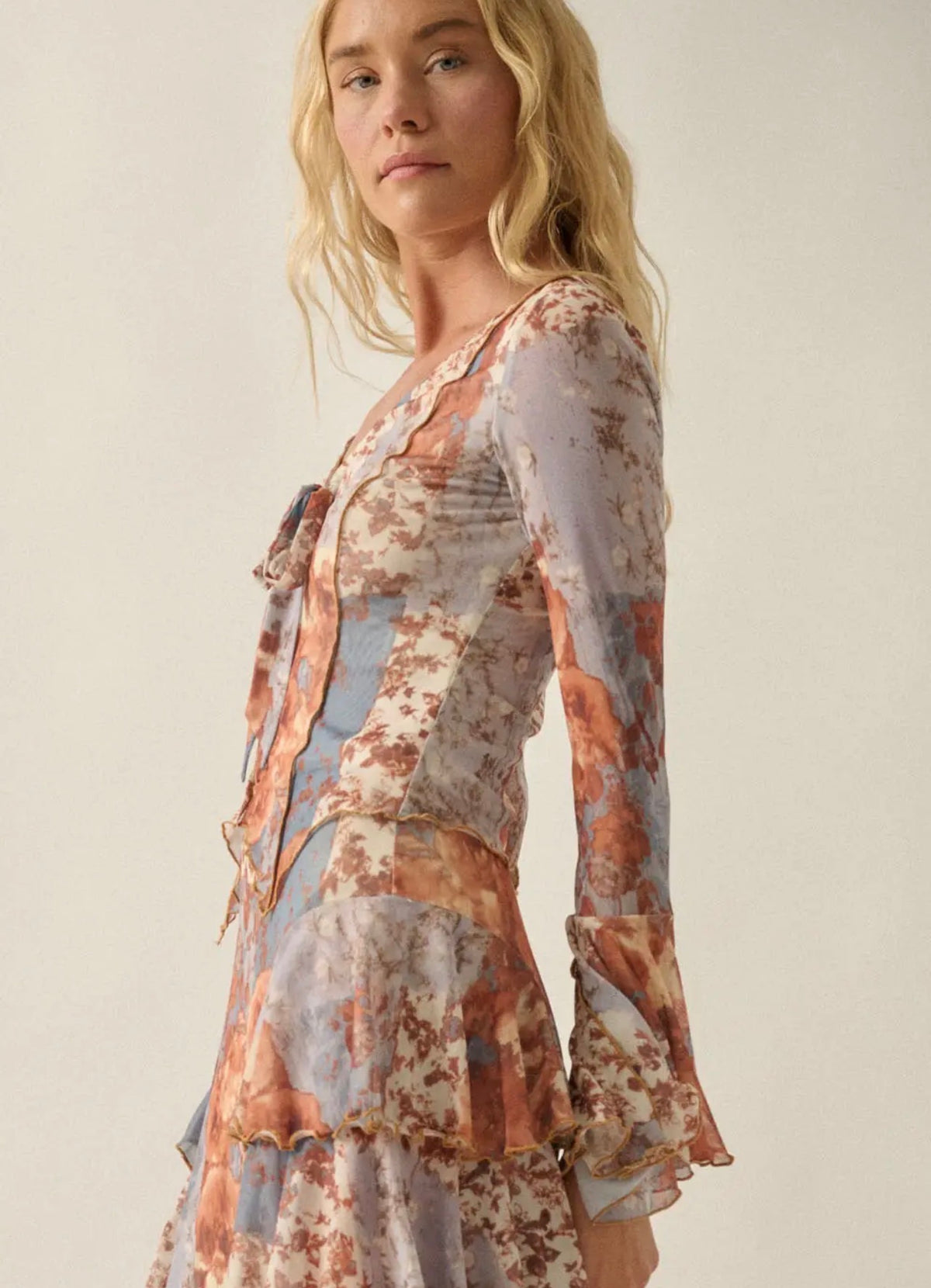 Boho Luxe Floral Mesh Bell-Sleeve Top & Skirt Set
