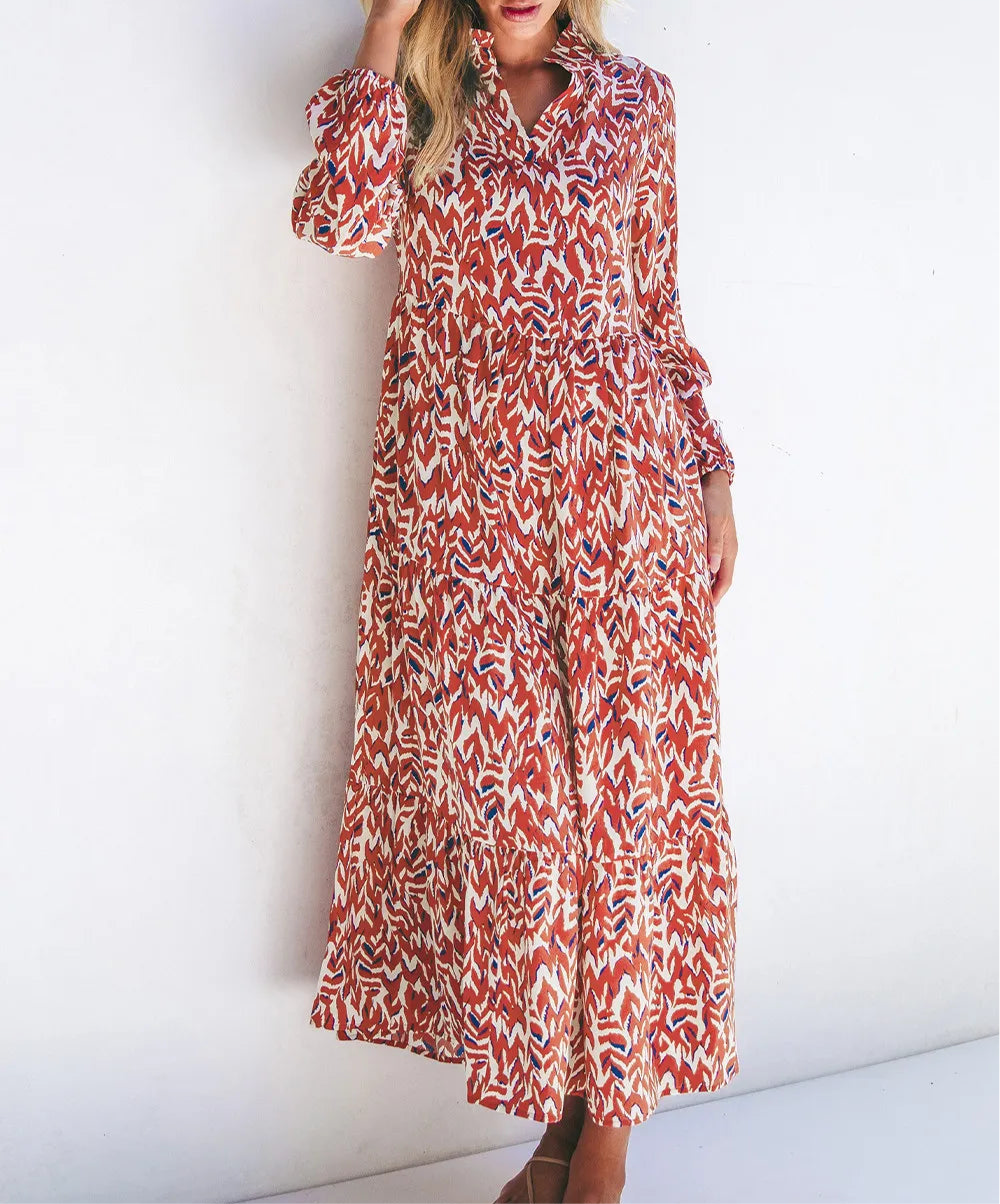 Printed Notched Long Sleeve Dress