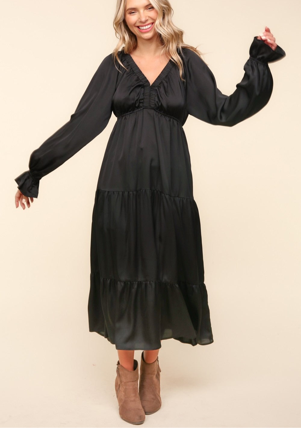 Haptics Flounce Sleeve Tiered Midi Dress with Pockets