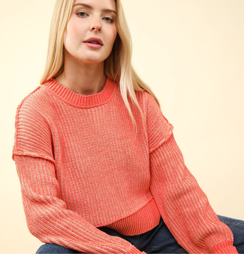 VERY J Exposed Seam Cropped Striped Slit Sweater