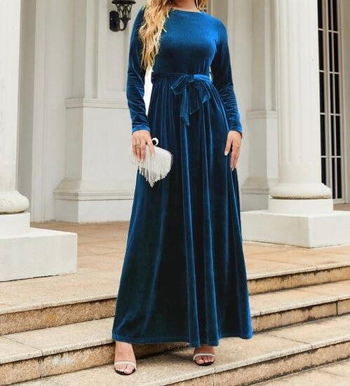 Tie Front Round Neck Long Sleeve Maxi Dress