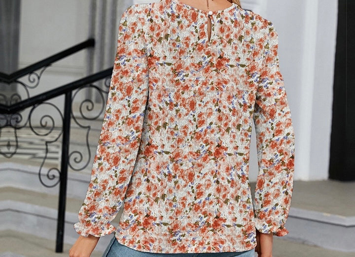 Printed Round Neck Flounce Sleeve Blouse