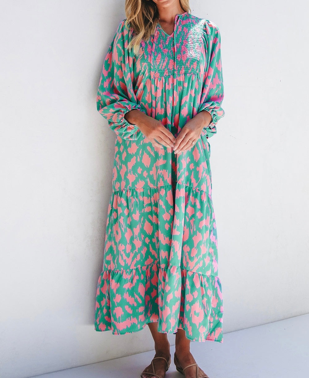 Smocked Printed Tie Neck Long Sleeve Dress