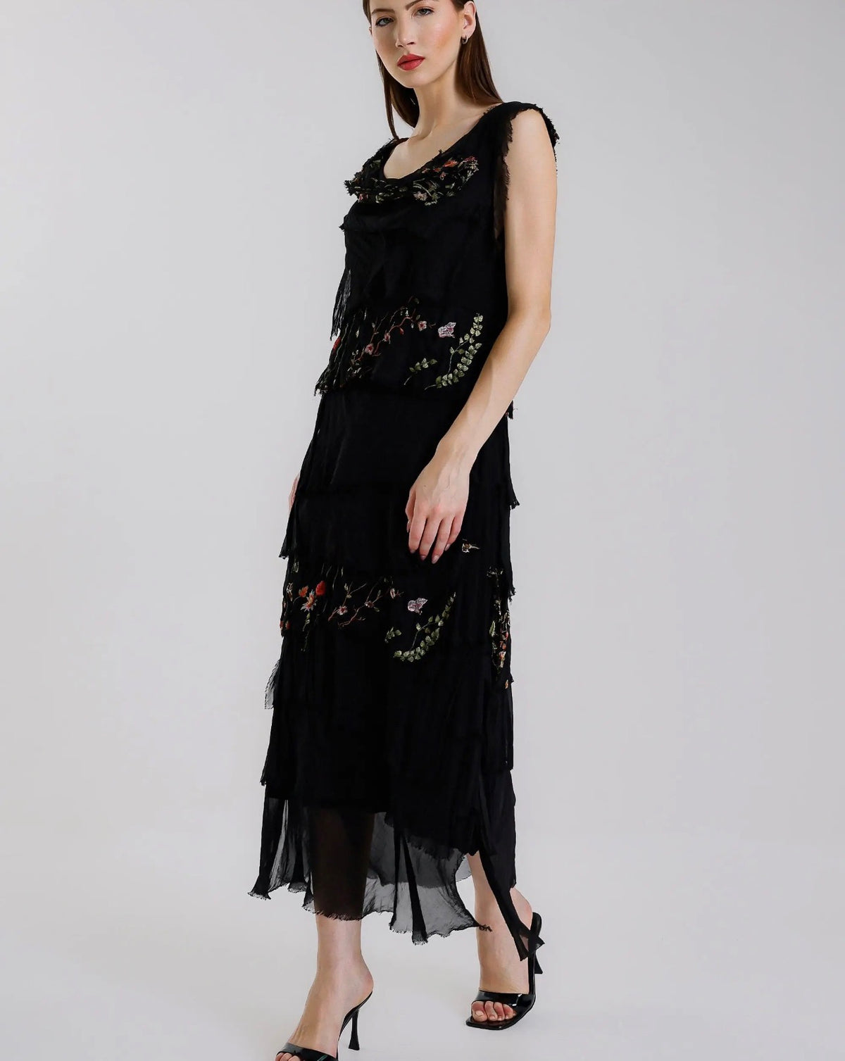 Embroidered Italian Silk Maxi Ruffle Dress