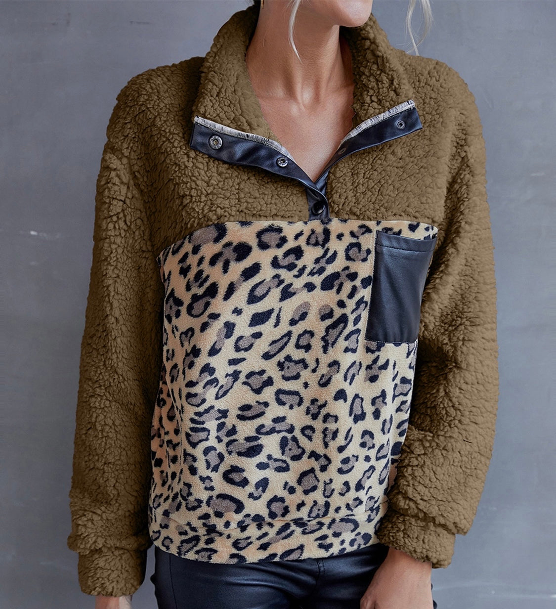 Leopard Quarter-Snap Teddy Sweatshirt