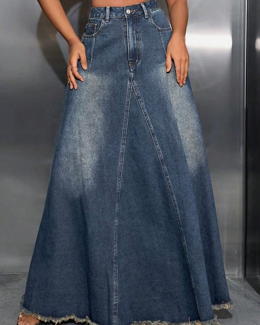 Raw Hem High Waist Denim Skirt with Pockets