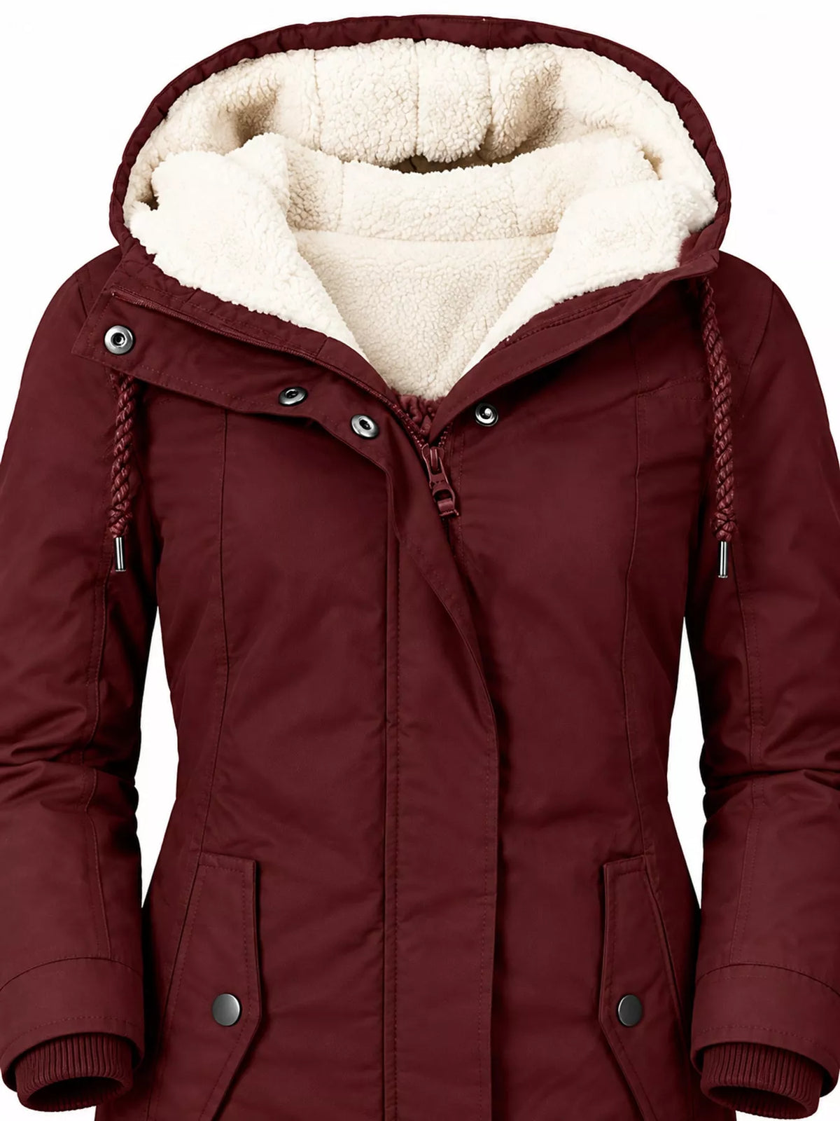 Burgundy sherpa-lined hooded parka, front close-up with snap collar and drawstring