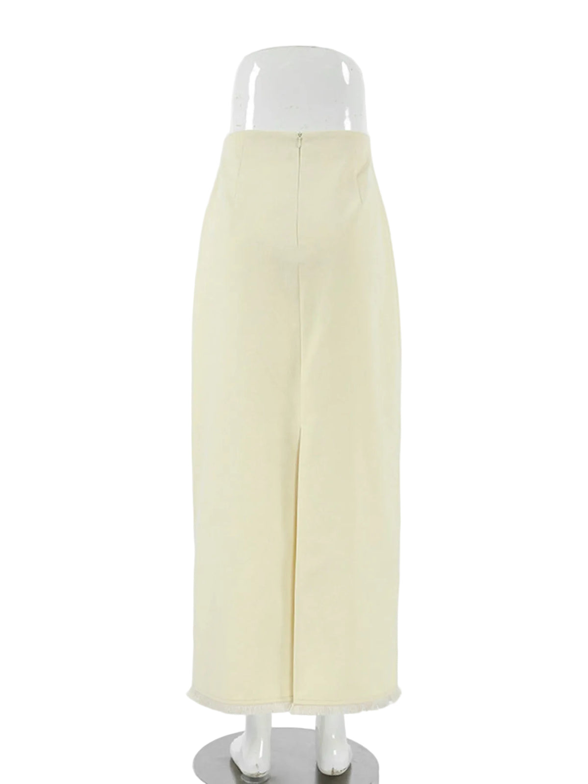 Beige midi skirt shown from the back with a center zipper.