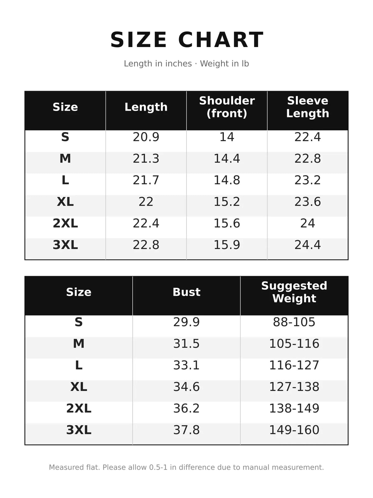 T-shirt size chart table with length, shoulder, sleeve length, and suggested weight
