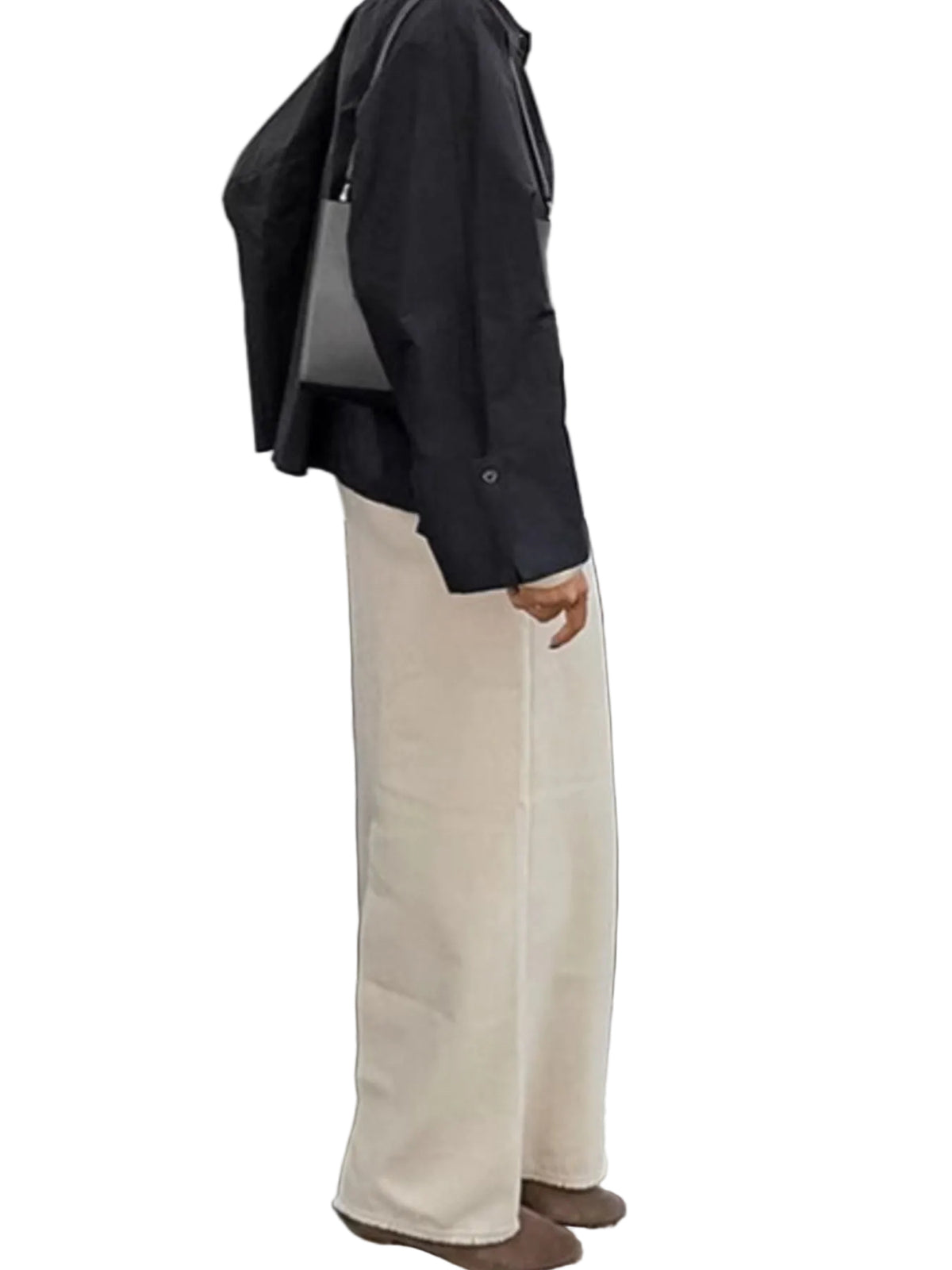 Beige midi skirt shown from the side with a long straight silhouette.