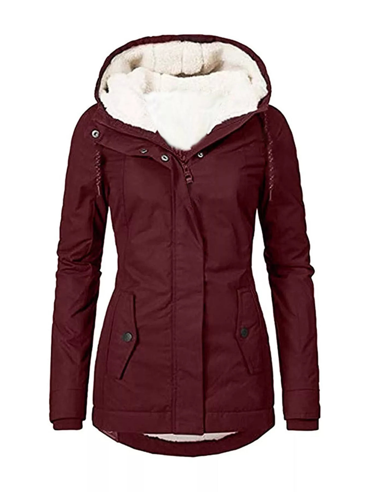 Burgundy sherpa-lined hooded parka with snap front and two side pockets