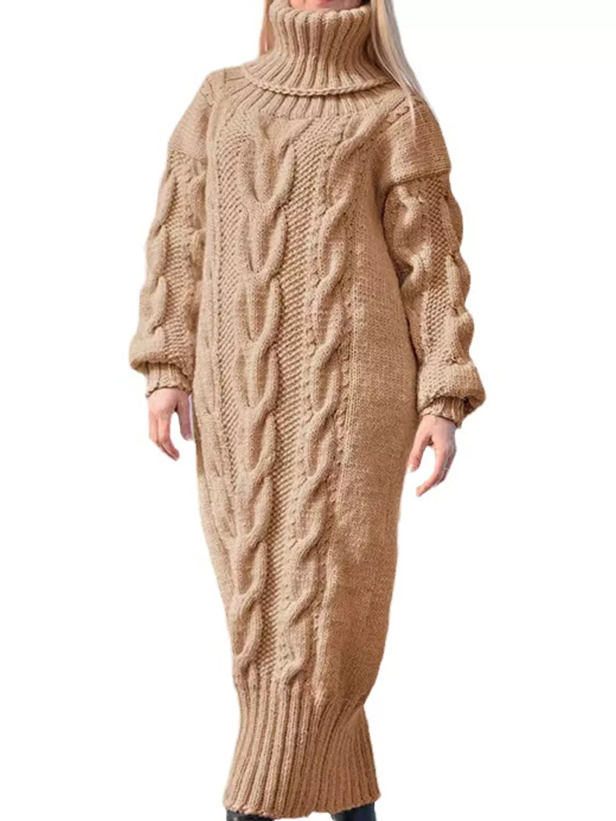 Chunky cable-knit turtleneck sweater dress in tan, long sleeves, midi length.