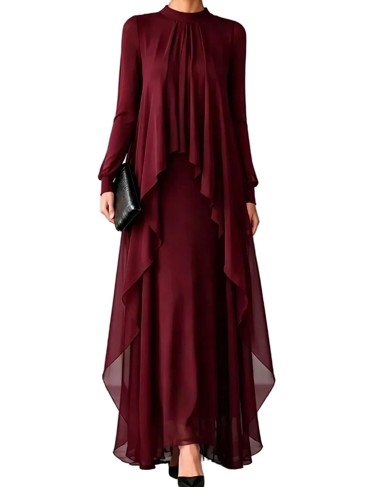 Burgundy chiffon maxi dress with sheer sleeves and cascading layered overlay