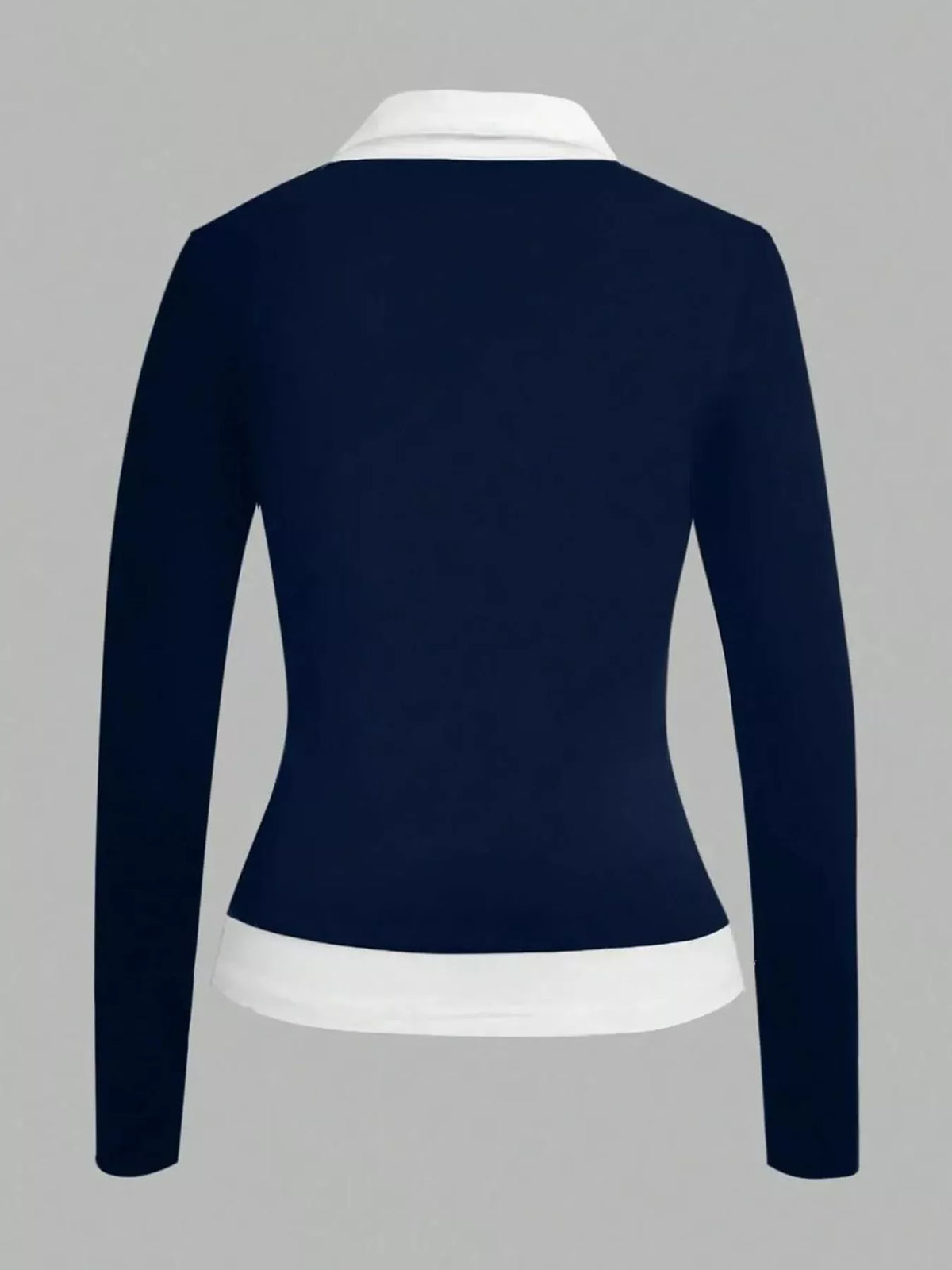 Back view of dark blue long-sleeve shirt with white collar and hem