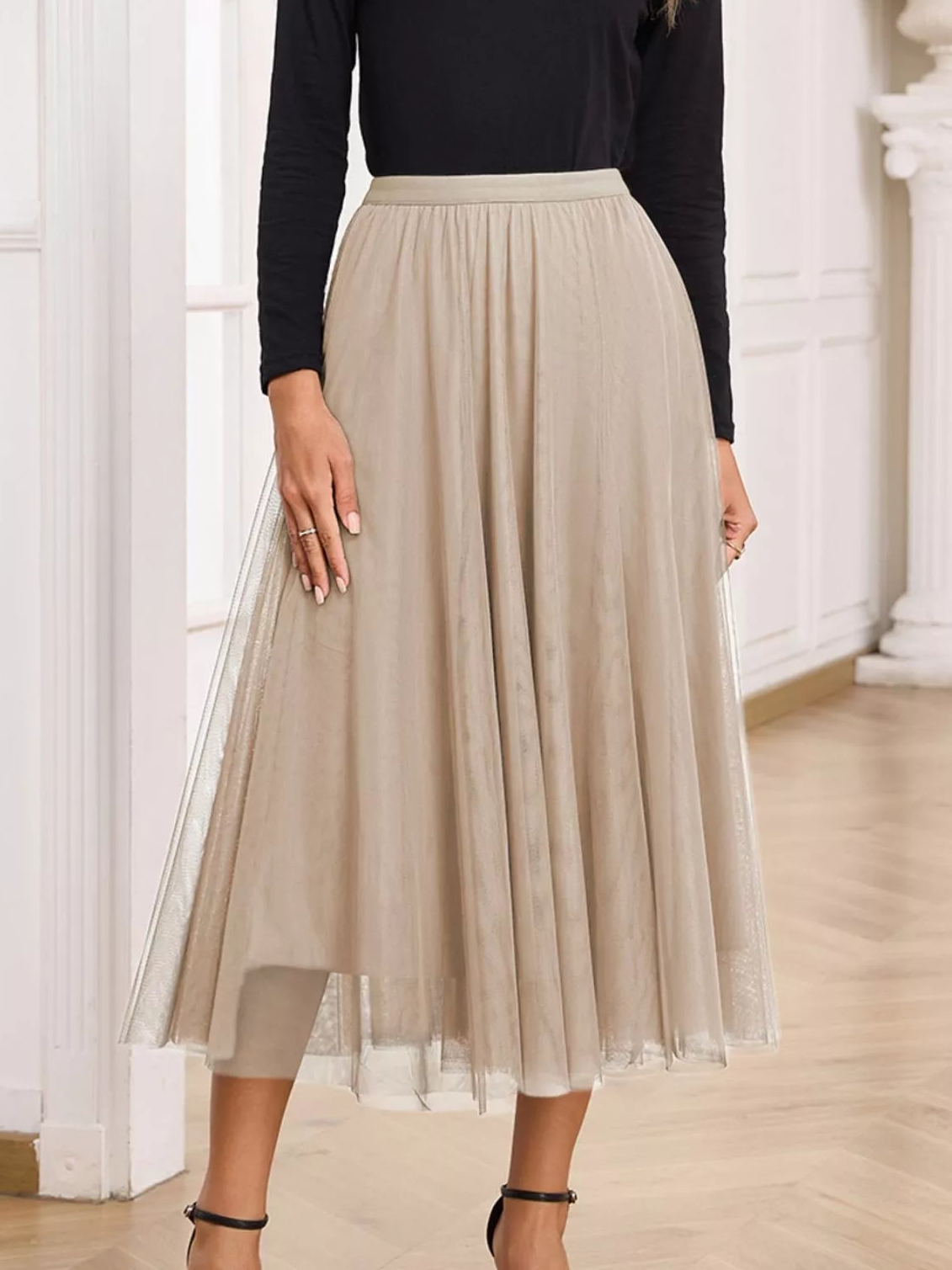 Dust Storm midi skirt showing the sheer tulle overlay over its opaque lining
