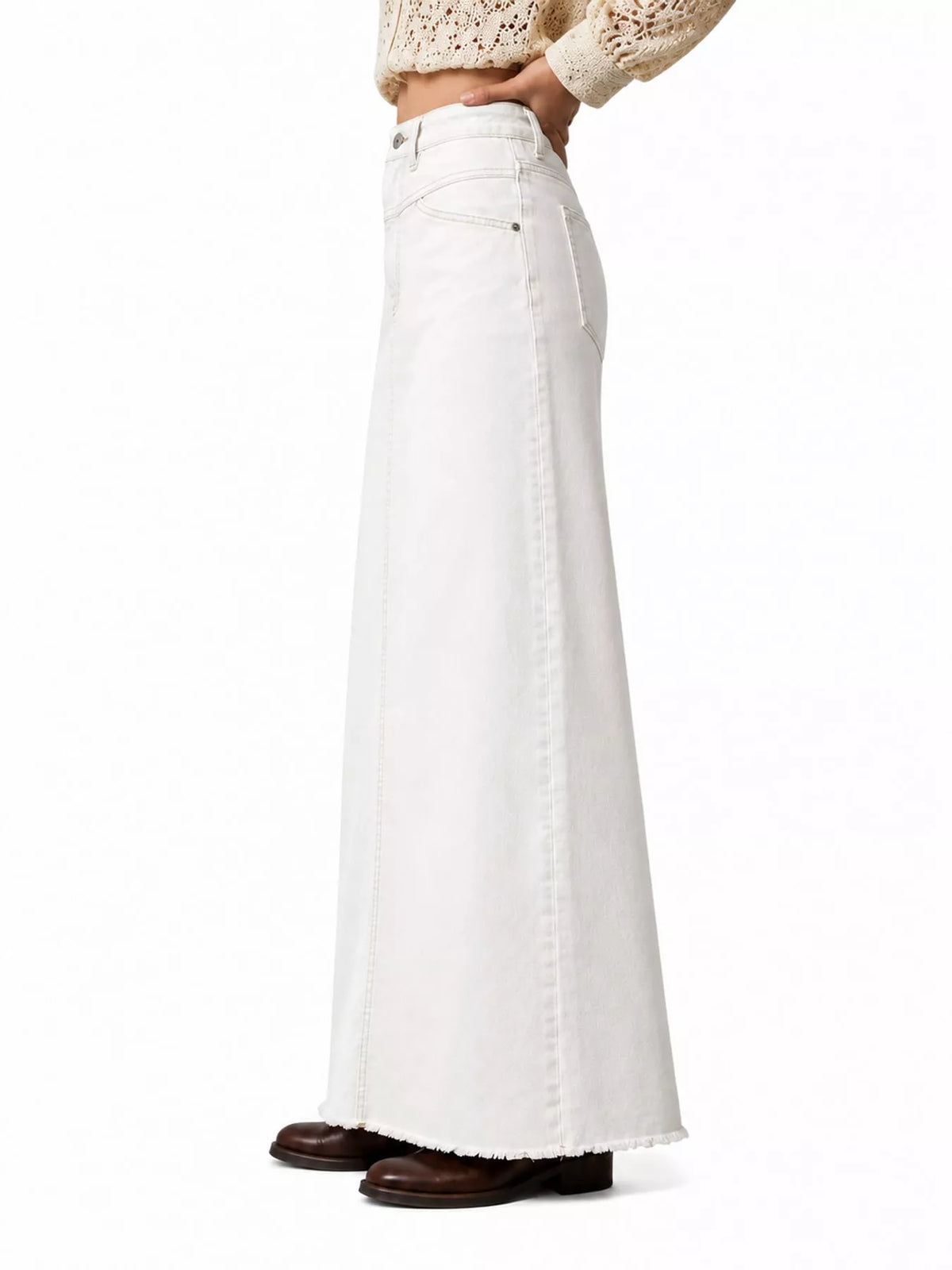 White long denim skirt with raw frayed hem and button front closure